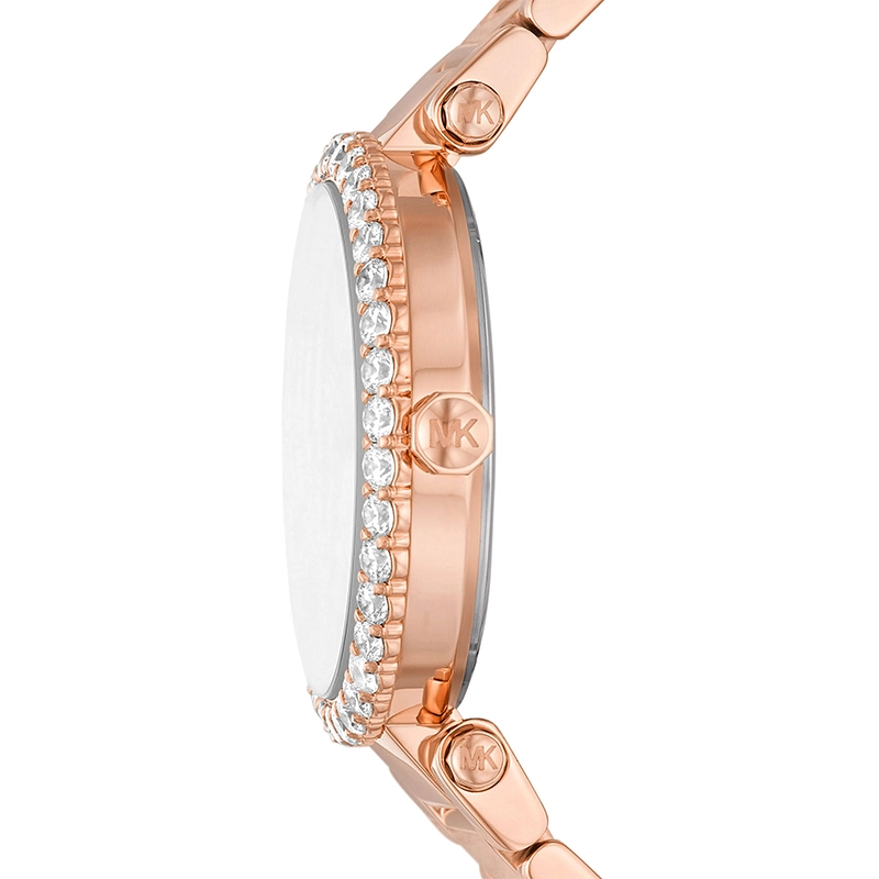 Reloj Mkors analogo, para Dama, tablero redondo color blanco, estilo index + arabigo, pulso acero color rosa, calendario