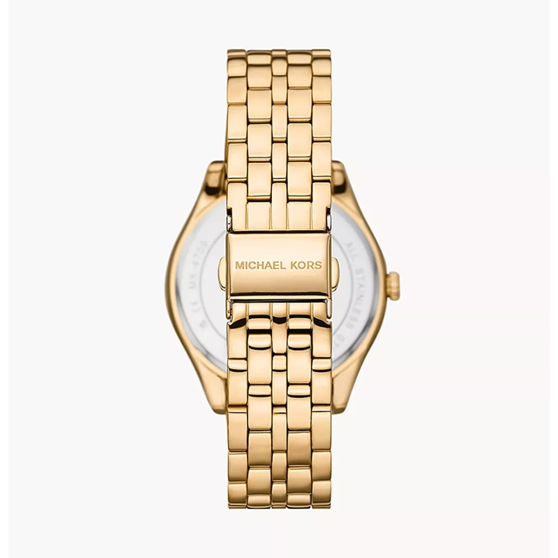 Reloj Mkors análogo, para Dama, tablero redondo color dorado, estilo index + romano, pulso acero color dorado