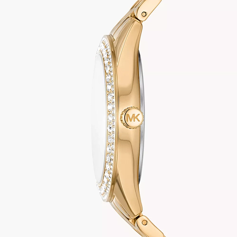 Reloj Mkors análogo, para Dama, tablero redondo color dorado, estilo index + romano, pulso acero color dorado