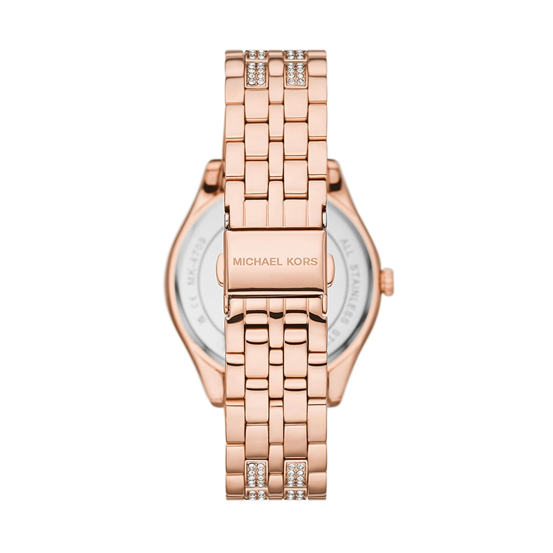 Reloj Mkors análogo, para Dama, tablero redondo color rosa, estilo index + romano, pulso acero color rosa