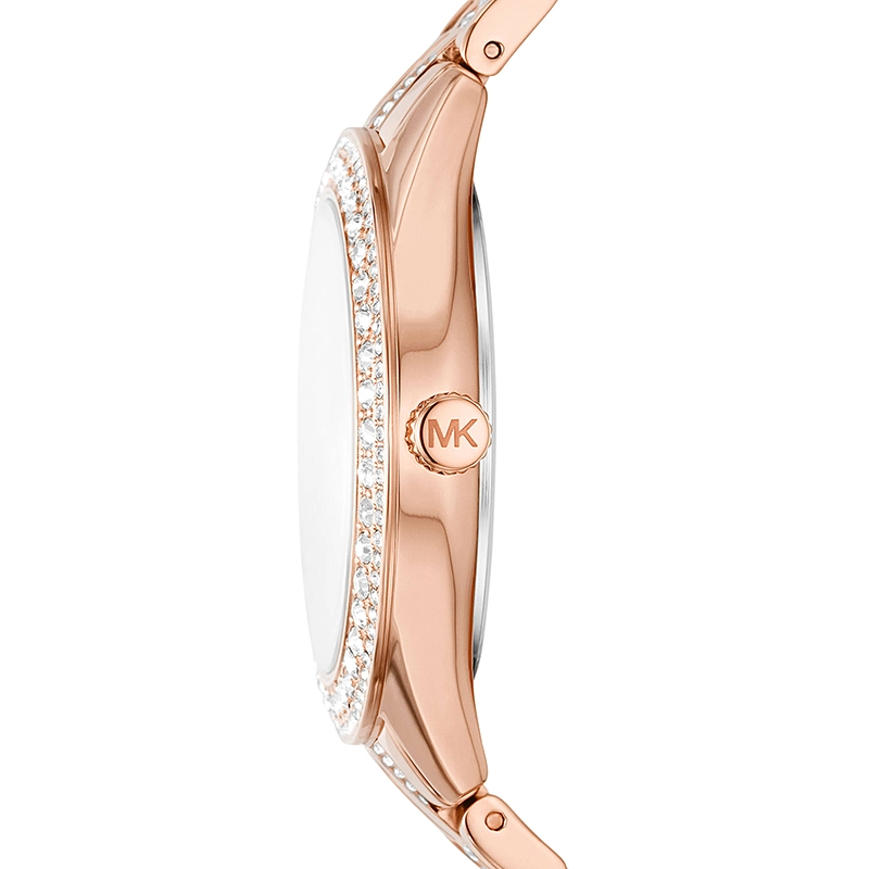 Reloj Mkors análogo, para Dama, tablero redondo color rosa, estilo index + romano, pulso acero color rosa