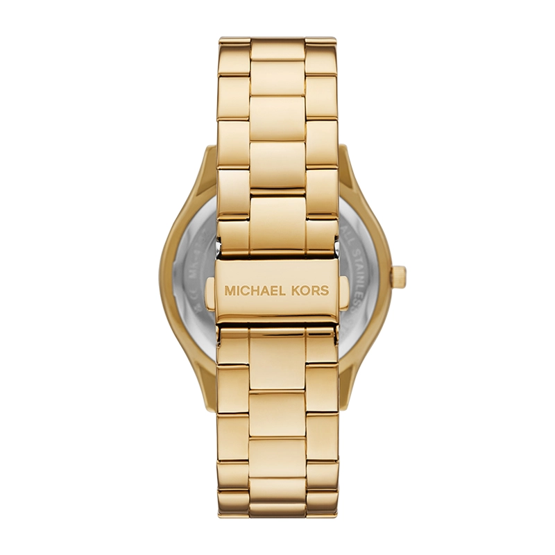 Reloj Mkors analogo, para Dama, tablero redondo color dorado, estilo sin numeros, pulso acero color dorado