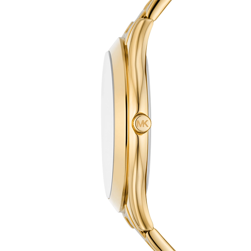 Reloj Mkors analogo, para Dama, tablero redondo color dorado, estilo sin numeros, pulso acero color dorado