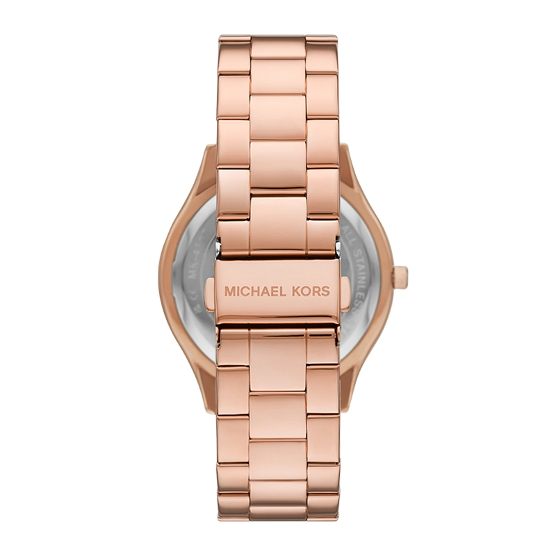 Reloj Mkors analogo, para Dama, tablero redondo color rosa, estilo sin numeros, pulso acero color rosa