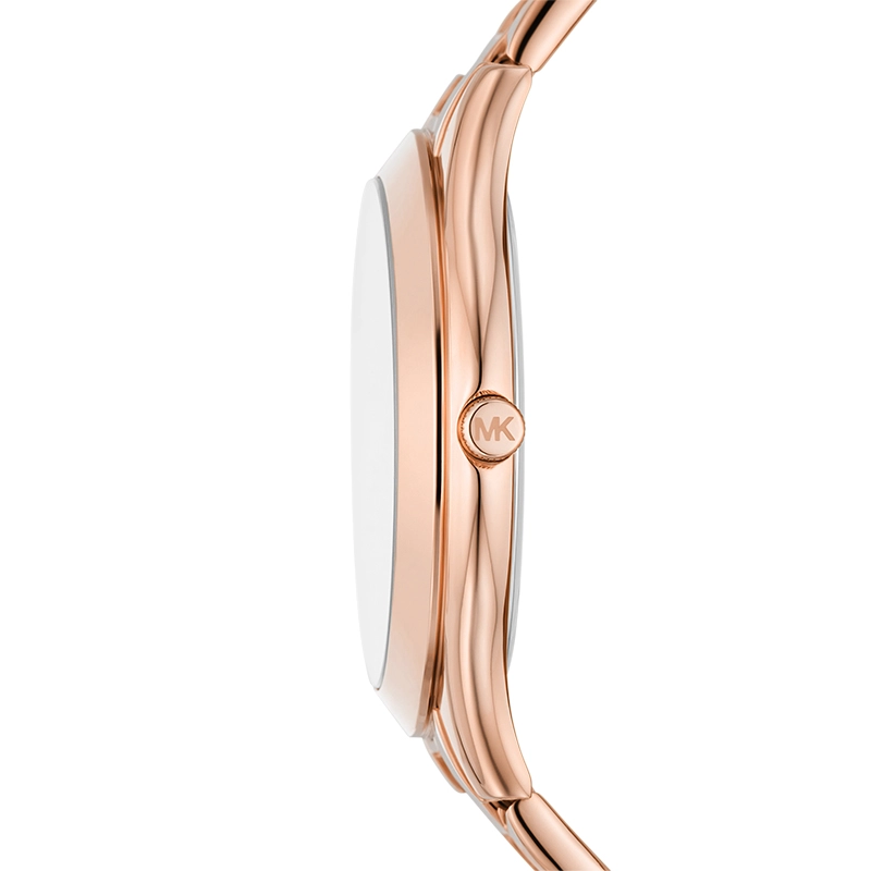 Reloj Mkors analogo, para Dama, tablero redondo color rosa, estilo sin numeros, pulso acero color rosa