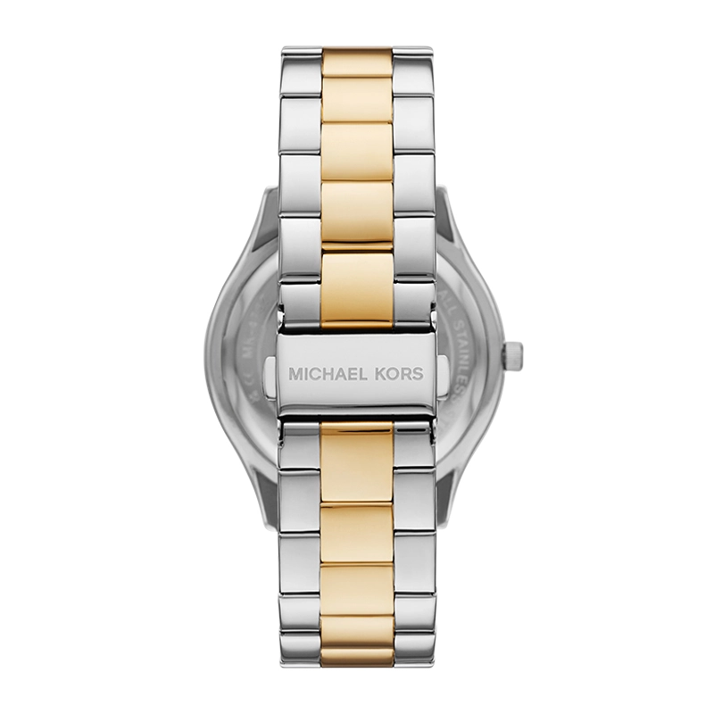 Reloj Mkors analogo, para Dama, tablero redondo colores plateado y dorado, estilo sin numeros, pulso acero colores plateado y dorado