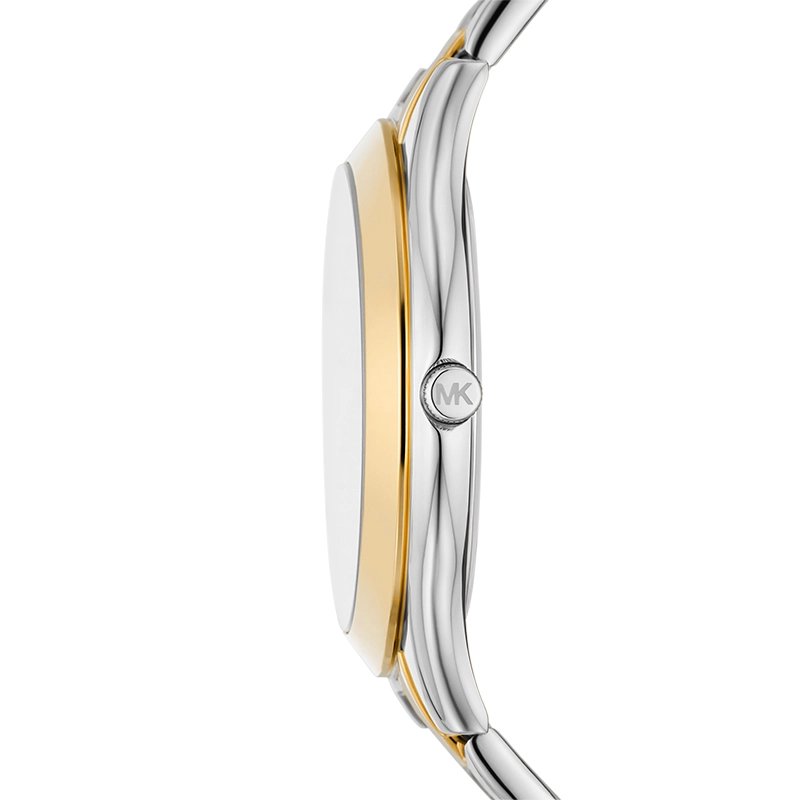 Reloj Mkors analogo, para Dama, tablero redondo colores plateado y dorado, estilo sin numeros, pulso acero colores plateado y dorado