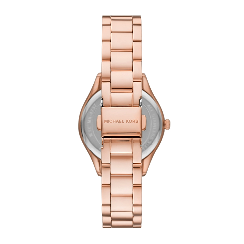 Reloj Mkors analogo, para Dama, tablero redondo color rosa, estilo index + romano, pulso acero color rosa