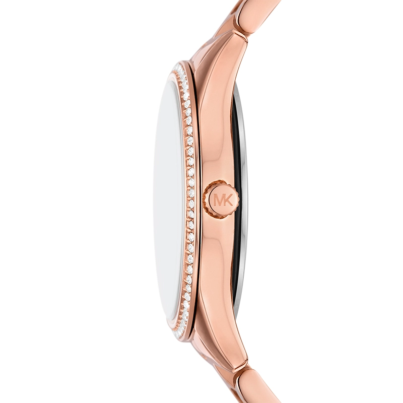 Reloj Mkors analogo, para Dama, tablero redondo color rosa, estilo index + romano, pulso acero color rosa