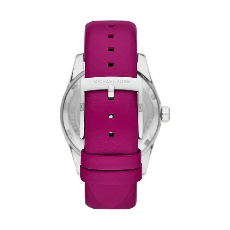Reloj Mkors analogo, para Dama, tablero redondo color rosado, estilo index + romano, pulso cuero color rosado