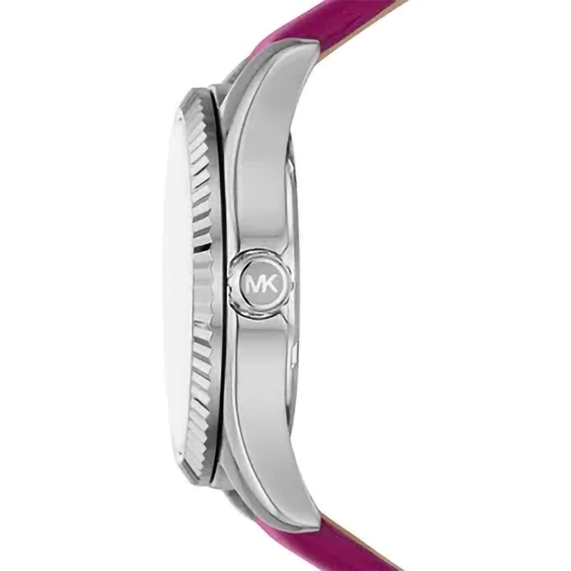 Reloj Mkors analogo, para Dama, tablero redondo color rosado, estilo index + romano, pulso cuero color rosado