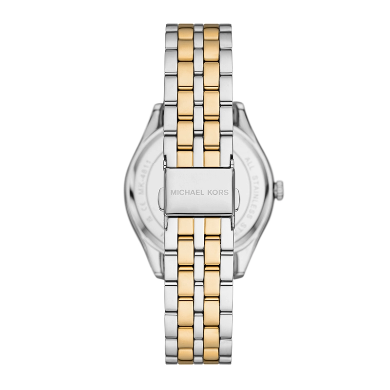 Reloj Mkors analogo, para Dama, tablero redondo color blanco, estilo index + romano, pulso acero colores plateado y dorado