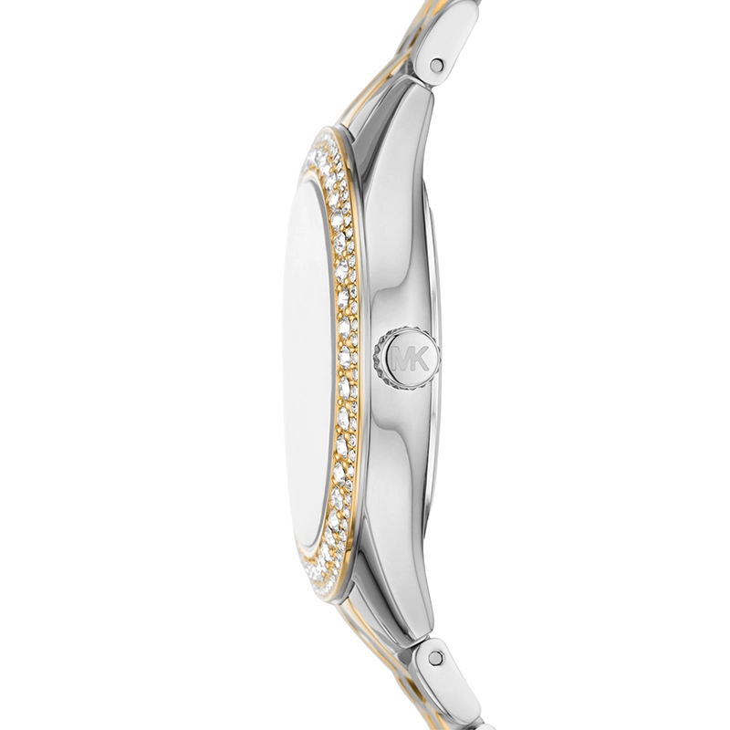 Reloj Mkors analogo, para Dama, tablero redondo color blanco, estilo index + romano, pulso acero colores plateado y dorado