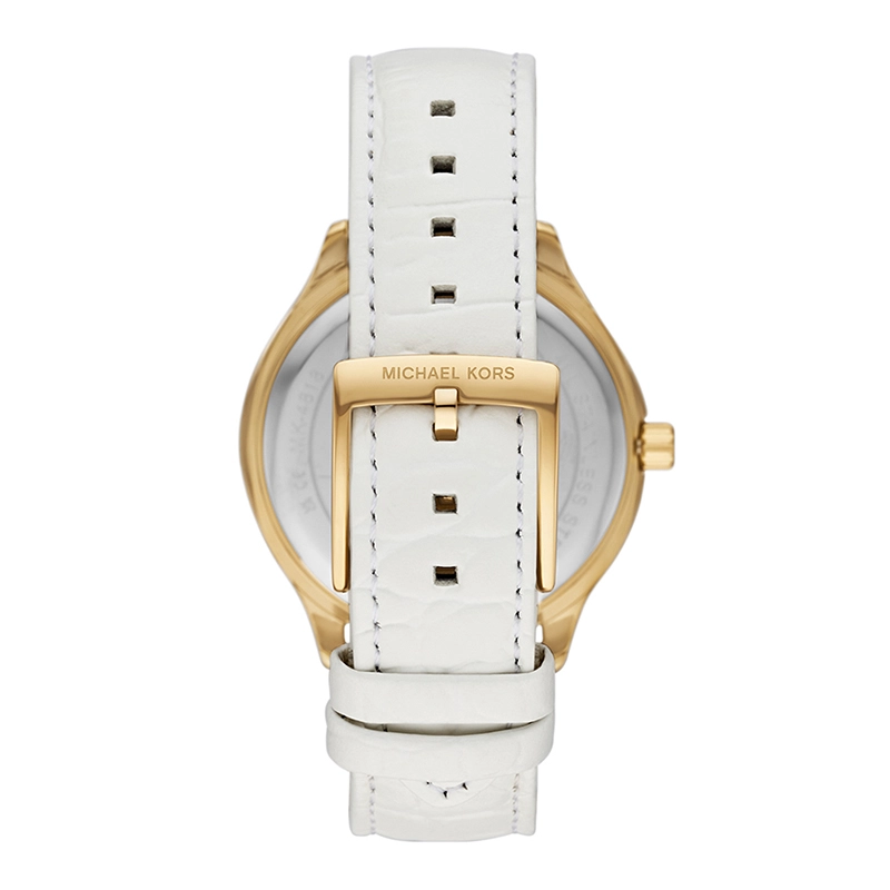 Reloj Mkors analogo, para Dama, tablero redondo colores blanco y dorado, estilo index + romano, pulso cuero color blanco