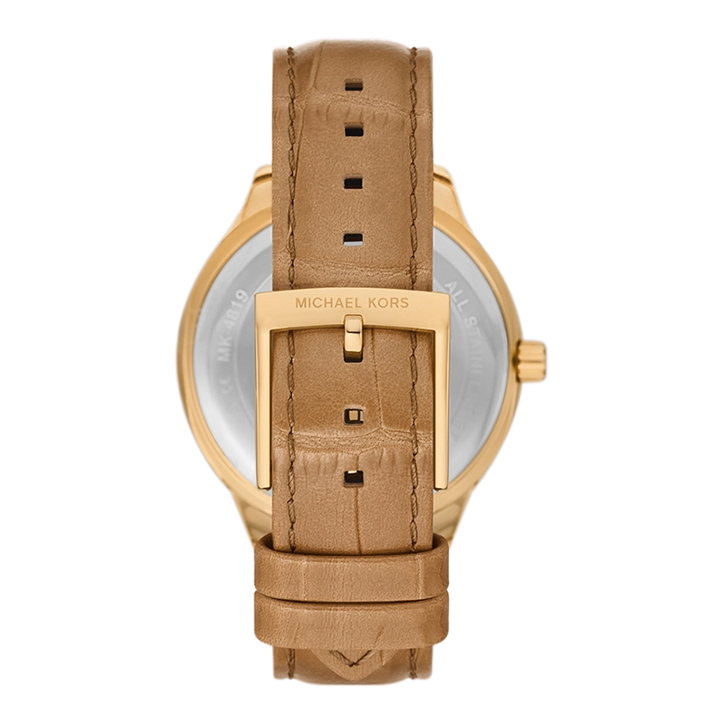 Reloj Mkors analogo, para Dama, tablero redondo colores blanco y dorado, estilo index + romano, pulso cuero color café