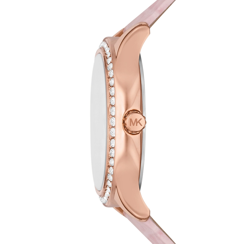 Reloj Mkors analogo, para Dama, tablero redondo colores rosado y rosa, estilo index + romano, pulso cuero color rosado