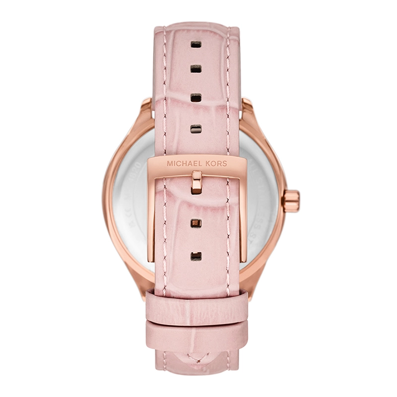 Reloj Mkors analogo, para Dama, tablero redondo colores rosado y rosa, estilo index + romano, pulso cuero color rosado
