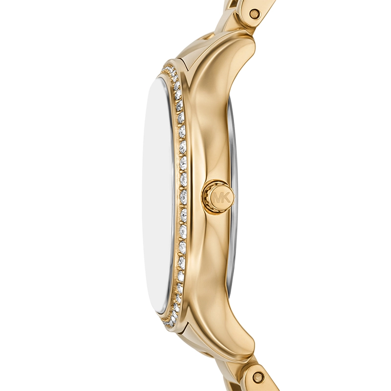 Reloj Mkors analogo, para Dama, tablero redondo colores blanco y dorado, estilo index + romano, pulso acero color dorado