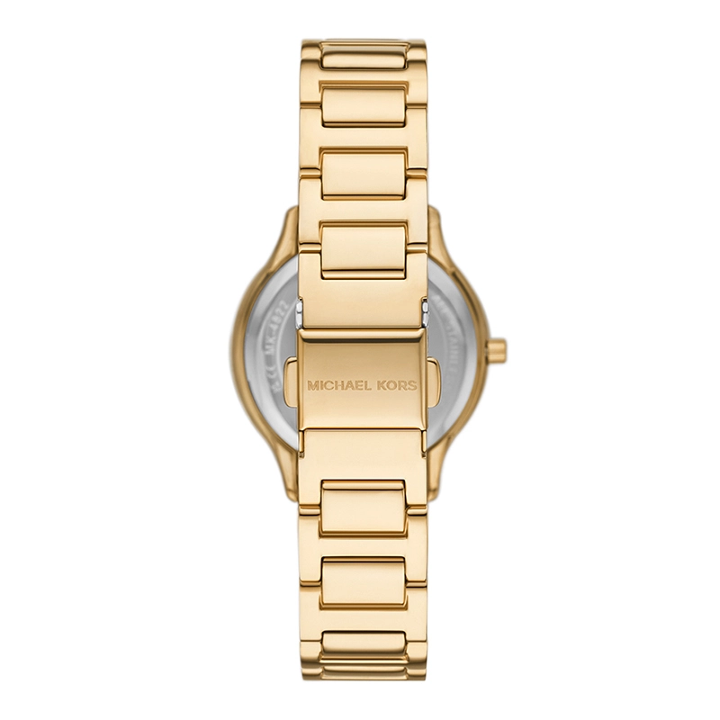 Reloj Mkors analogo, para Dama, tablero redondo colores blanco y dorado, estilo index + romano, pulso acero color dorado
