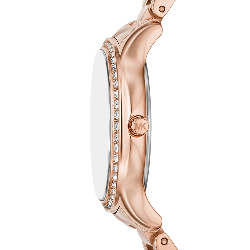 Reloj Mkors analogo, para Dama, tablero redondo colores rosado y rosa, estilo index + romano, pulso acero color rosa