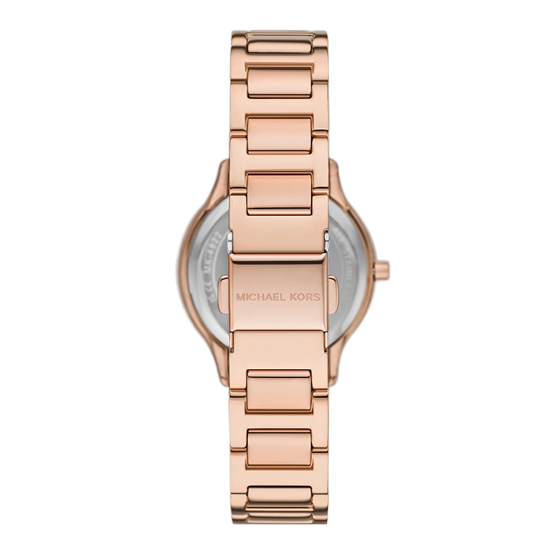 Reloj Mkors analogo, para Dama, tablero redondo colores rosado y rosa, estilo index + romano, pulso acero color rosa