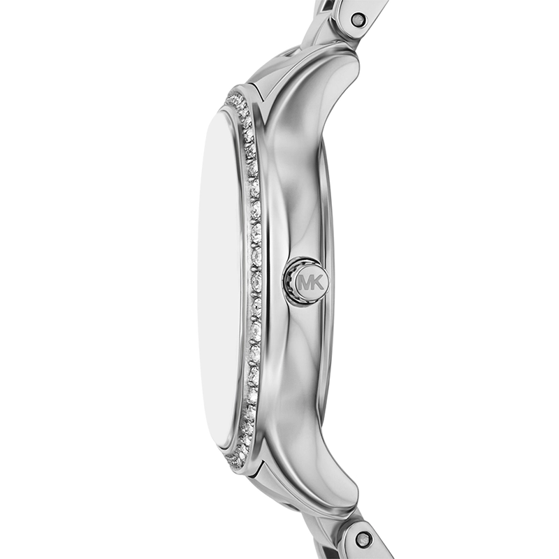 Reloj Mkors análogo, para Dama, tablero redondo color blanco, estilo index + romano, pulso acero color plateado