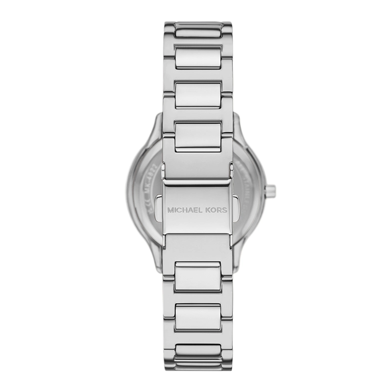 Reloj Mkors análogo, para Dama, tablero redondo color blanco, estilo index + romano, pulso acero color plateado