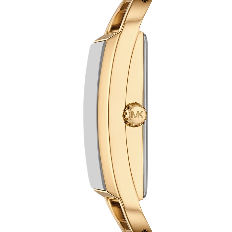 Reloj Mkors analogo, para Dama, tablero rectangular color dorado, estilo sin numeros, pulso acero color dorado