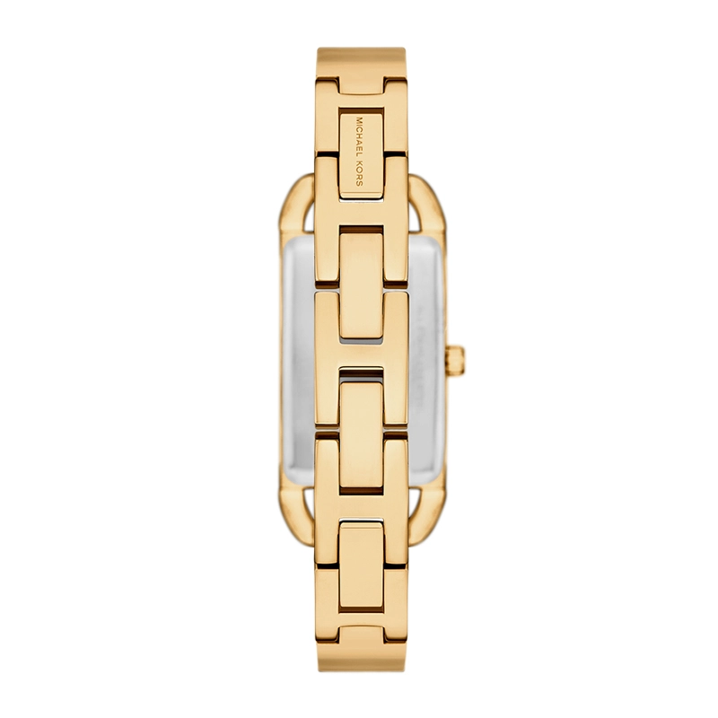 Reloj Mkors analogo, para Dama, tablero rectangular color dorado, estilo sin numeros, pulso acero color dorado