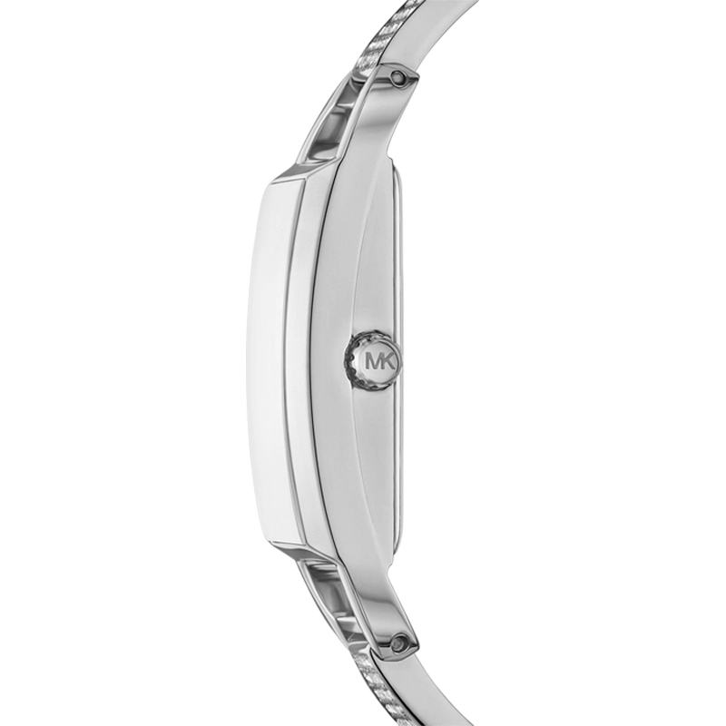 Reloj Mkors analogo, para Dama, tablero rectangular color plateado, estilo sin numeros, pulso acero color plateado