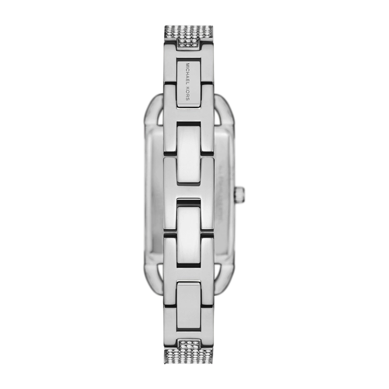 Reloj Mkors analogo, para Dama, tablero rectangular color plateado, estilo sin numeros, pulso acero color plateado