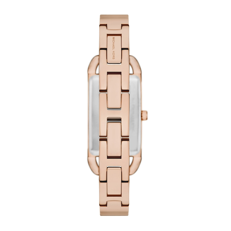 Reloj Mkors analogo, para Dama, tablero rectangular color rosa, estilo sin numeros, pulso acero color rosa