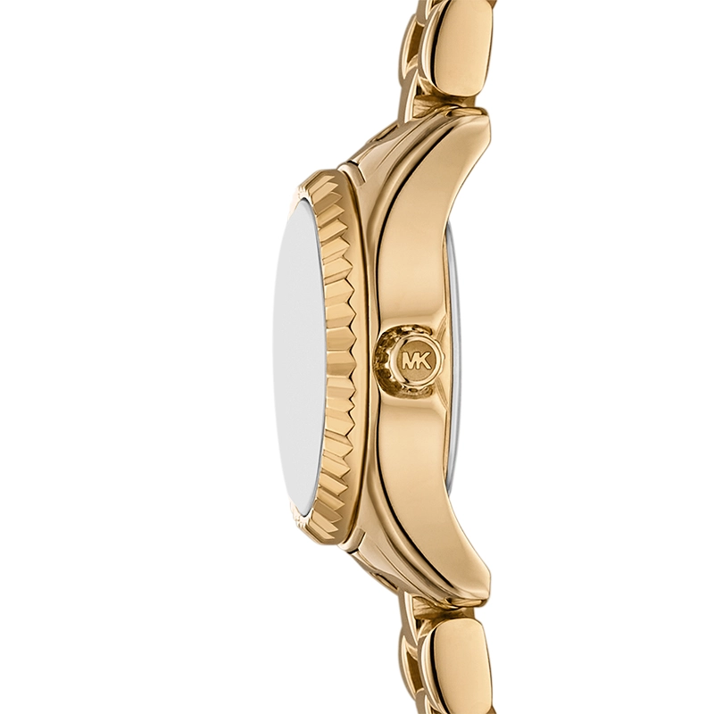 Reloj Mkors análogo, para Dama, tablero redondo color dorado, estilo puntos + romano, pulso acero color dorado