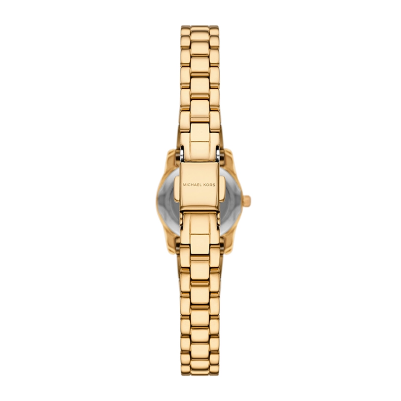 Reloj Mkors análogo, para Dama, tablero redondo color dorado, estilo puntos + romano, pulso acero color dorado