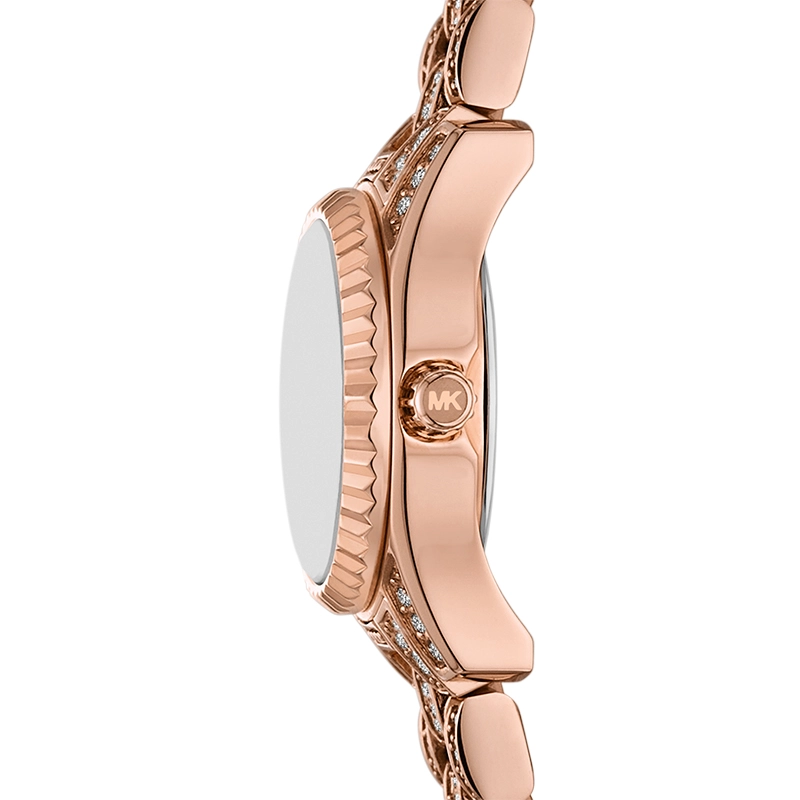 Reloj Mkors analogo, para Dama, tablero redondo color rosa, estilo puntos + romano, pulso acero color rosa