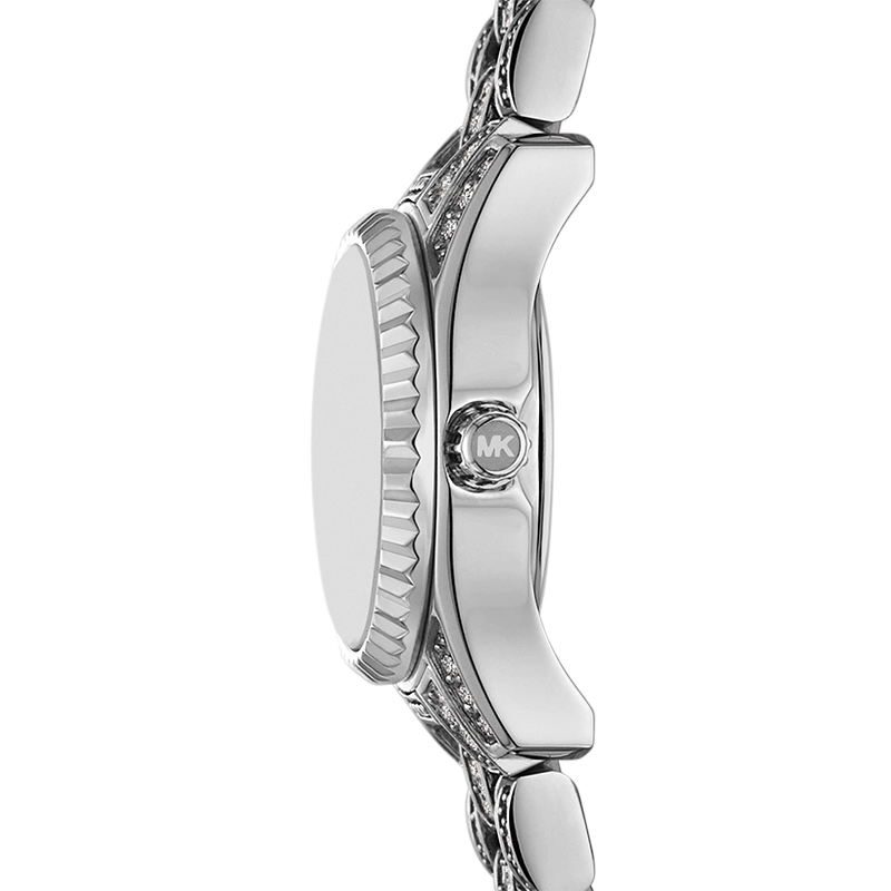 Reloj Mkors analogo, para Dama, tablero redondo color blanco, estilo puntos + romano, pulso acero color plateado