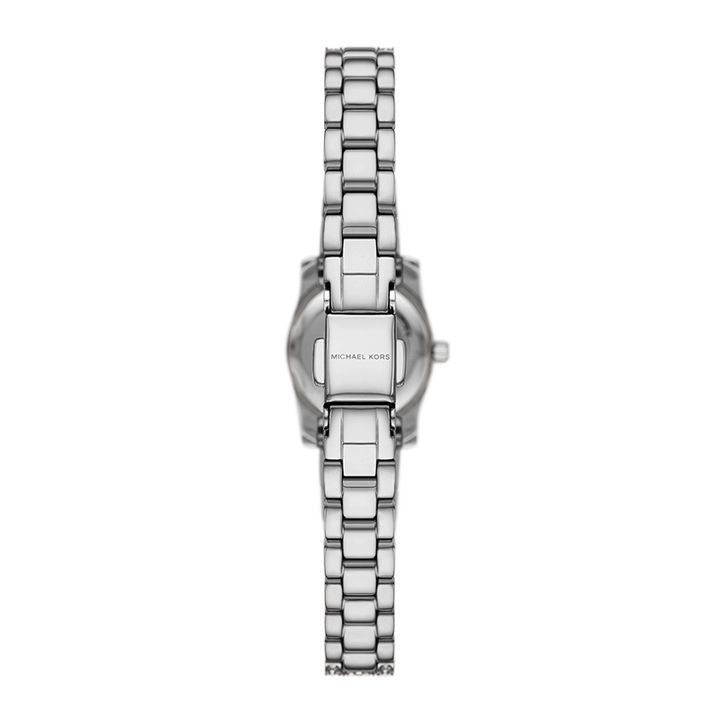 Reloj Mkors analogo, para Dama, tablero redondo color blanco, estilo puntos + romano, pulso acero color plateado