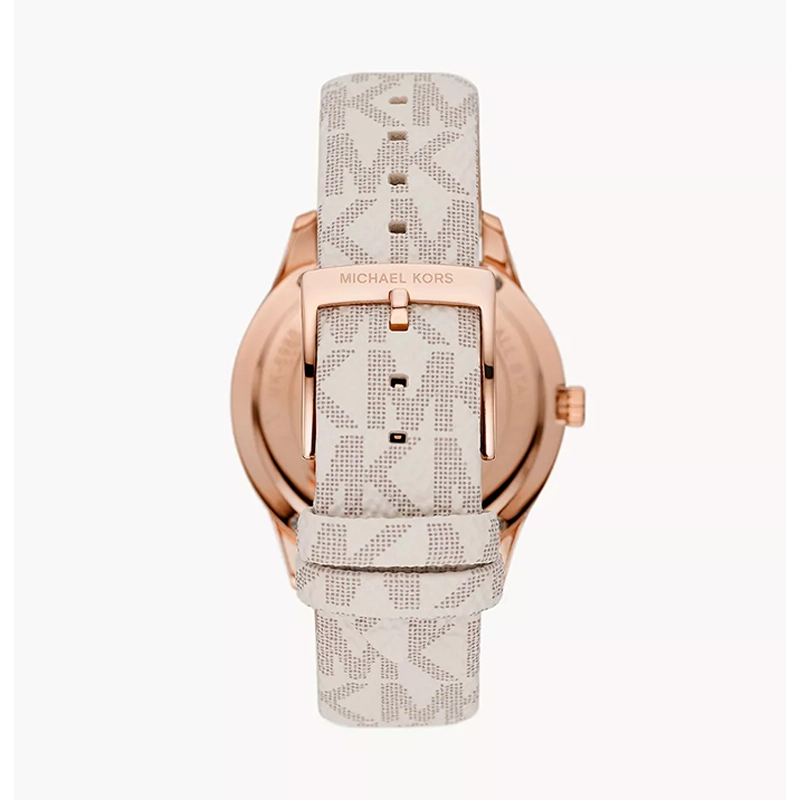 Reloj Mkors analogo, para Dama, tablero redondo color rosa, estilo index + puntos, pulso cuero color beige
