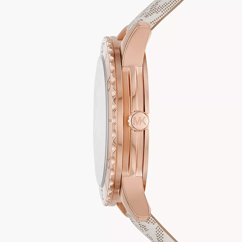 Reloj Mkors analogo, para Dama, tablero redondo color rosa, estilo index + puntos, pulso cuero color beige