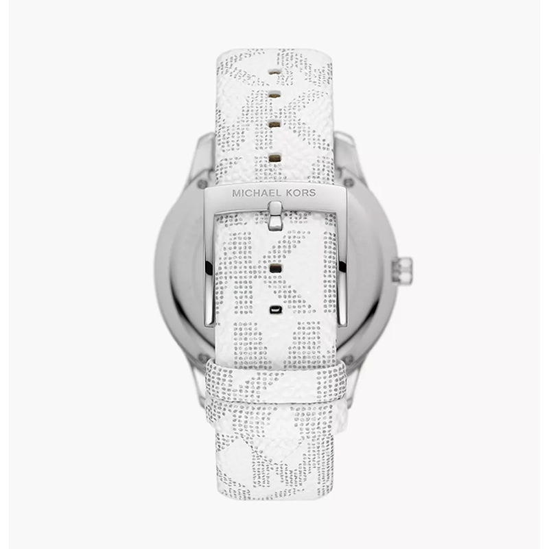 Reloj Mkors analogo, para Dama, tablero redondo color plateado, estilo index + puntos, pulso cuero color blanco