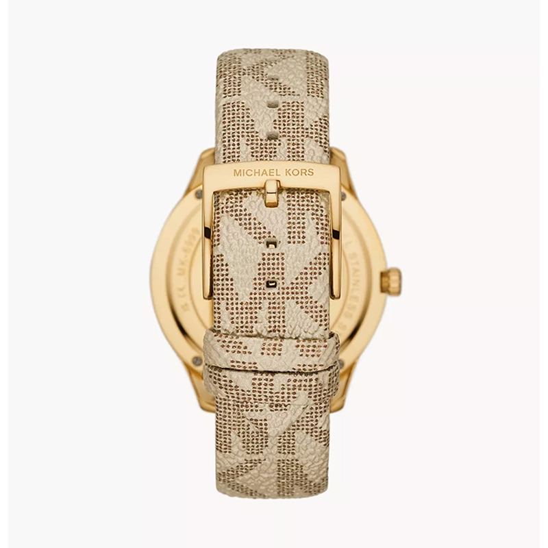 Reloj Mkors analogo, para Dama, tablero redondo color dorado, estilo index + arabigo, pulso cuero color café