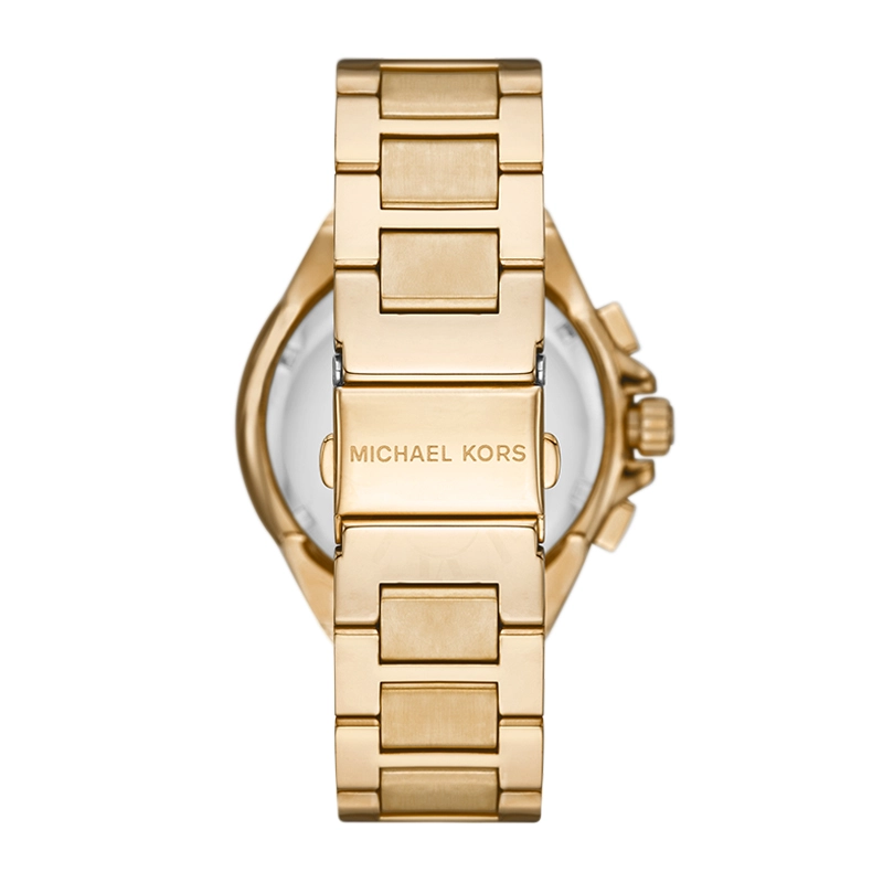 Reloj Mkors analogo, para Dama, tablero redondo color blanco, estilo index + romano, pulso acero color dorado, calendario