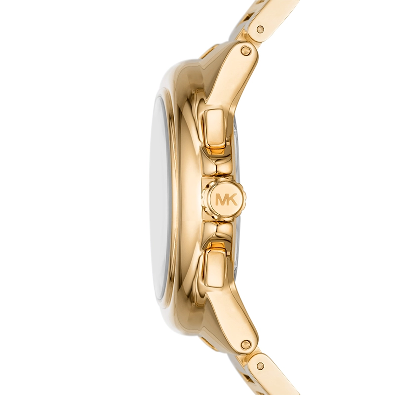 Reloj Mkors analogo, para Dama, tablero redondo color blanco, estilo index + romano, pulso acero color dorado, calendario