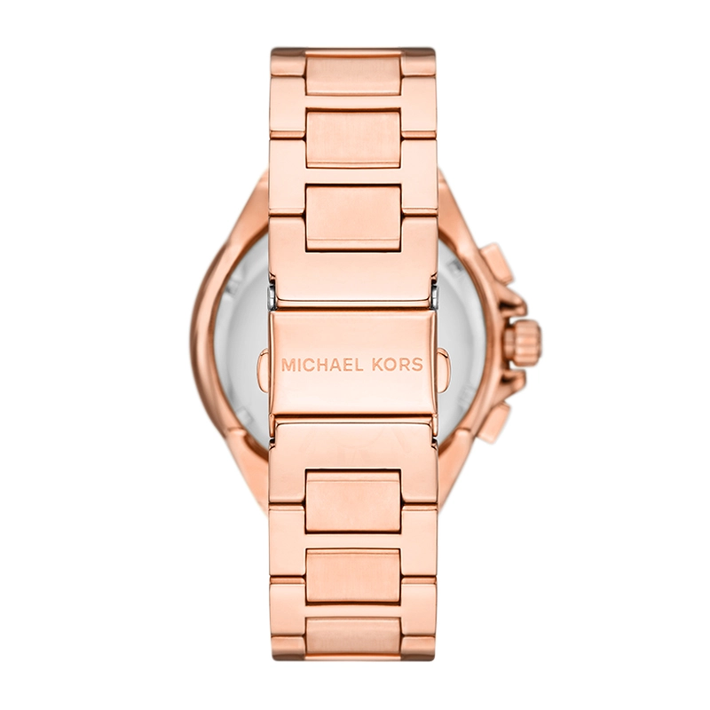 Reloj Mkors analogo, para Dama, tablero redondo color rosa, estilo index + romano, pulso acero color rosa, calendario