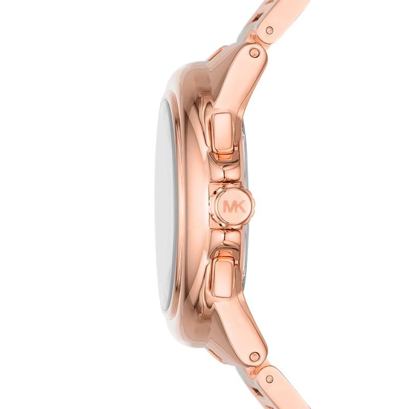 Reloj Mkors analogo, para Dama, tablero redondo color rosa, estilo index + romano, pulso acero color rosa, calendario