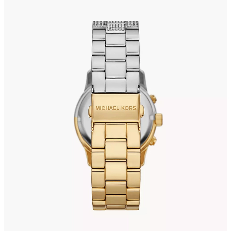Reloj Mkors analogo, para Dama, tablero redondo color dorado, estilo index + arabigo, pulso acero colores dorado y plateado, calendario, cronografo