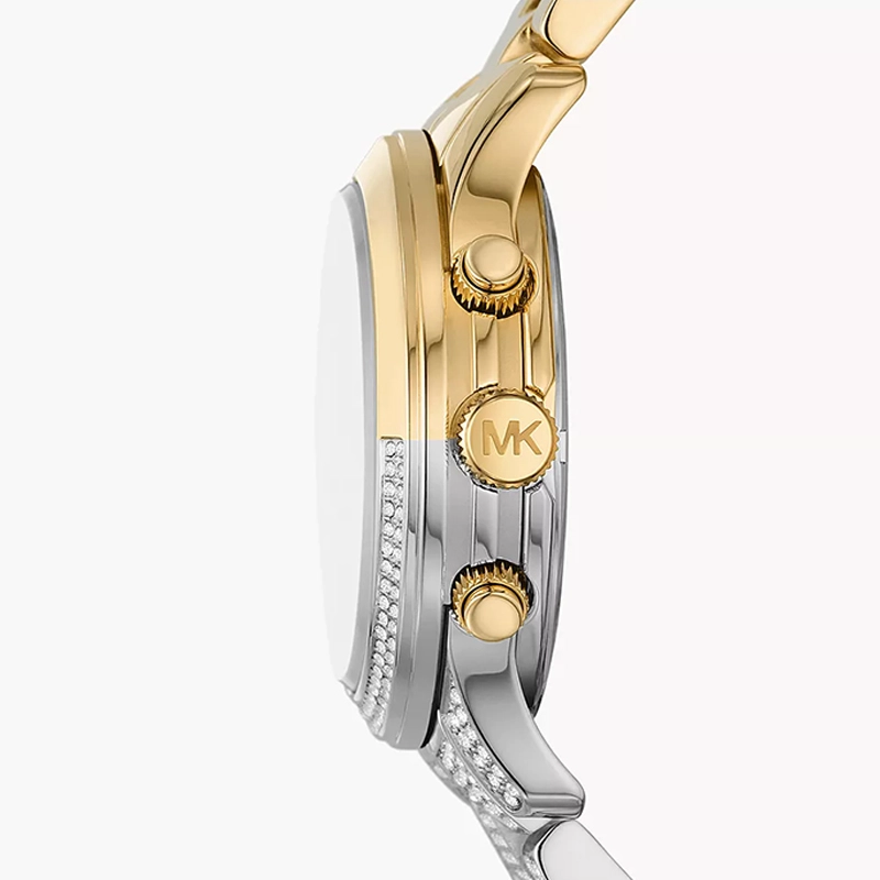 Reloj Mkors analogo, para Dama, tablero redondo color dorado, estilo index + arabigo, pulso acero colores dorado y plateado, calendario, cronografo