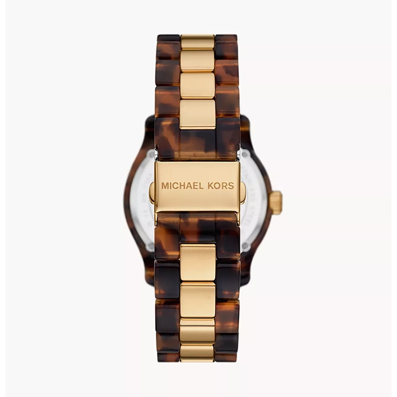 Reloj Mkors analogo, para Dama, tablero redondo colores café y dorado, estilo sin numeros, pulso plastico colores café y dorado