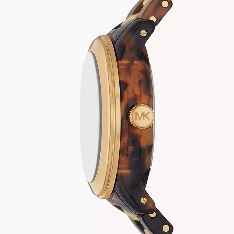 Reloj Mkors analogo, para Dama, tablero redondo colores café y dorado, estilo sin numeros, pulso plastico colores café y dorado