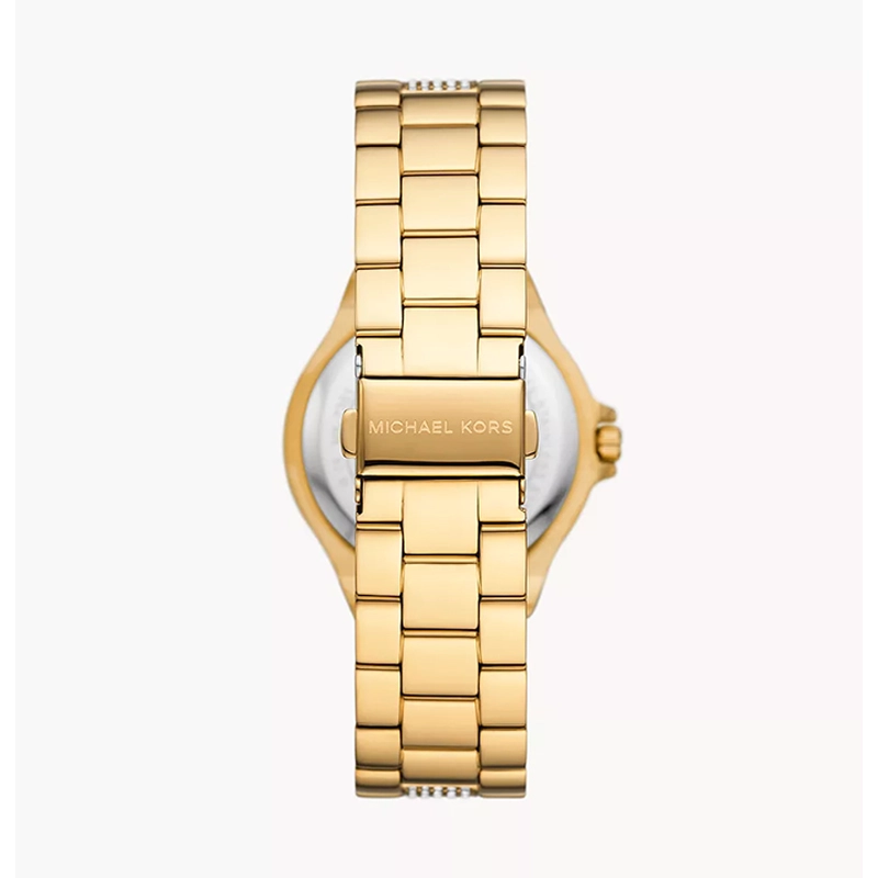 Reloj Mkors analogo, para Dama, tablero redondo color plateado, estilo index + arabigo, pulso acero color dorado
